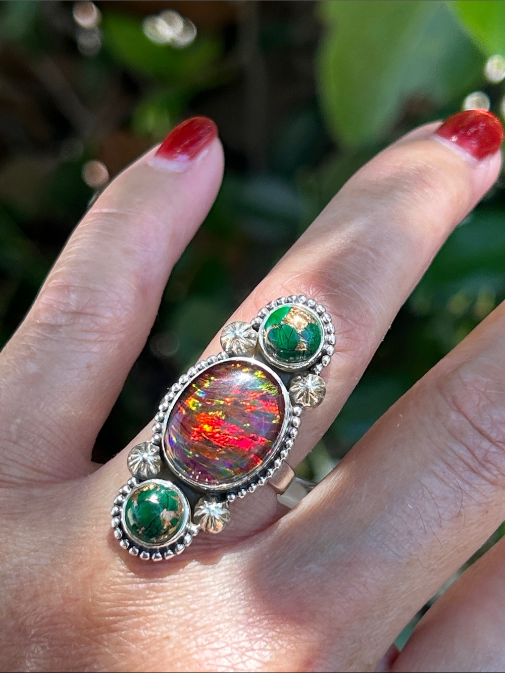 Sterling Silver Fire Aurora Opal and Green Turquoise Statement Ring 6